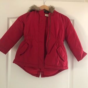 RED WINTER COAT W FUR HOOD